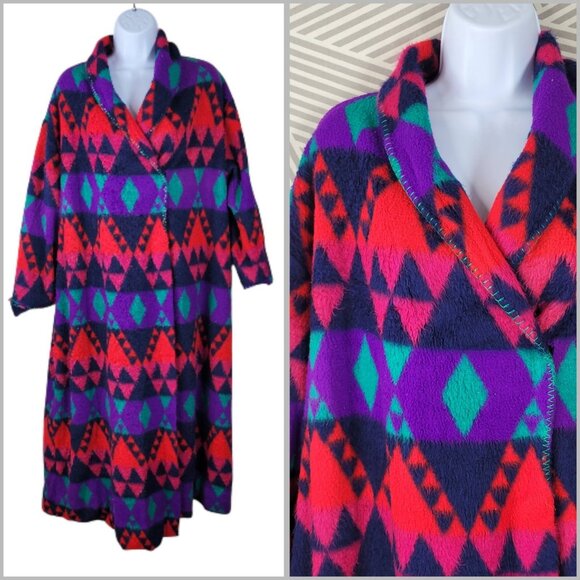 Vintage Aztec Southwest Fleece Housecoat One Size Medium Large XL 1X Robe Long - Picture 1 of 7